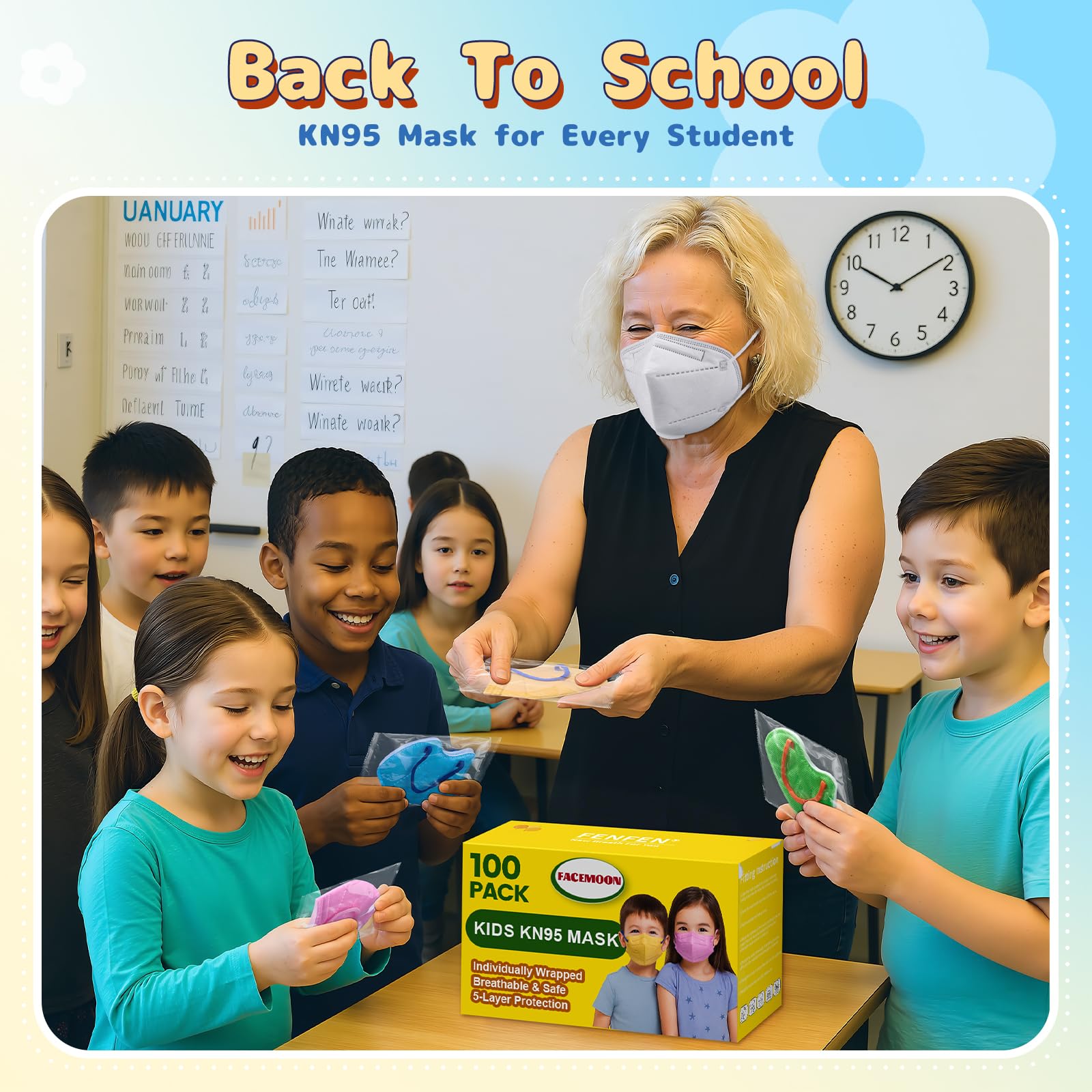 FACEMOON KN95 Kids color variety box for daily outfits.