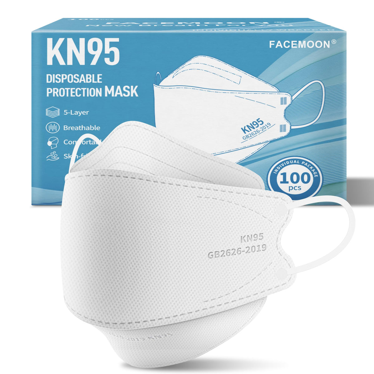 FACEMOON KN95 mask 100-pack box shows bulk quantity for easy stocking.