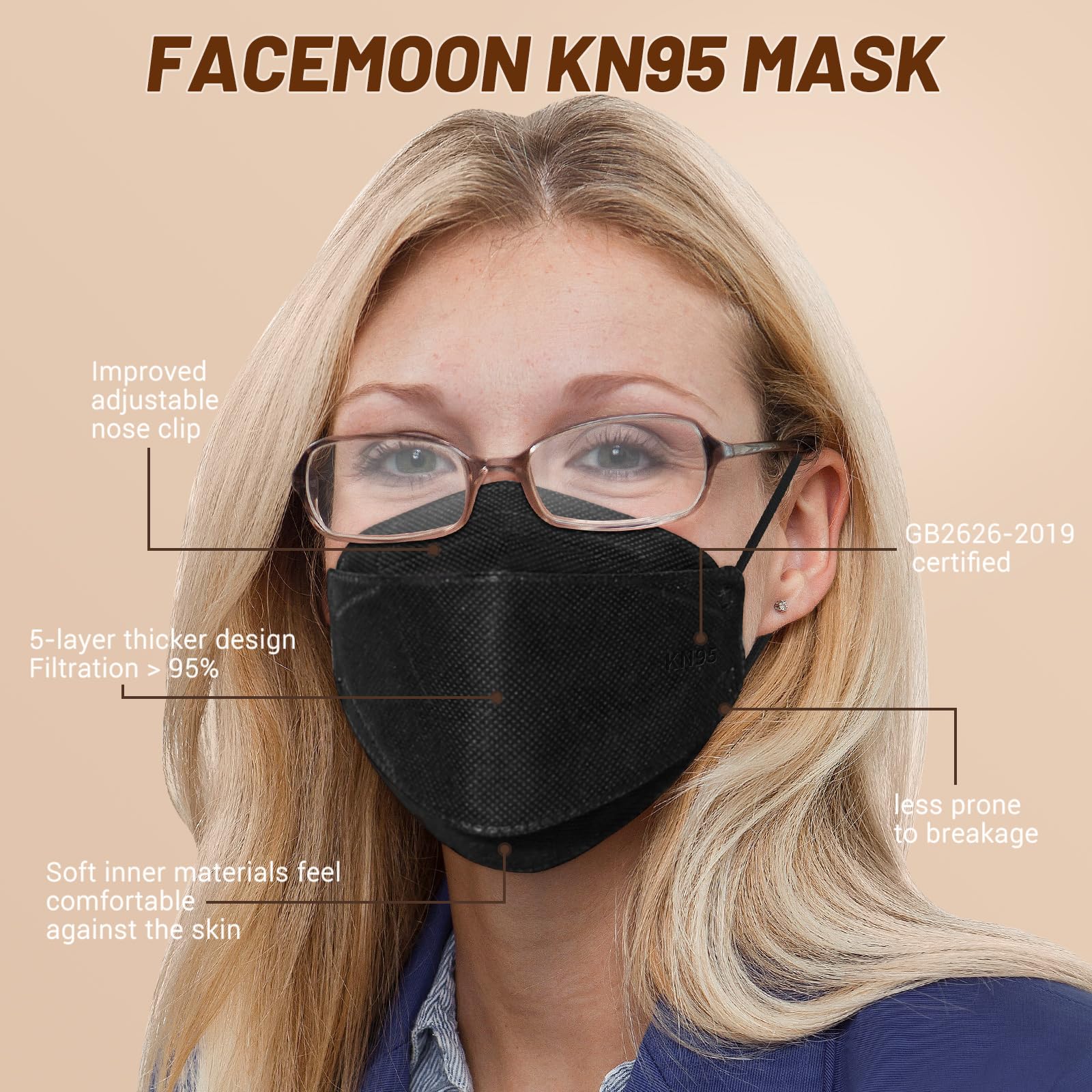 FACEMOON KN95 mask adjustable clip settings for a secure, comfortable fit.