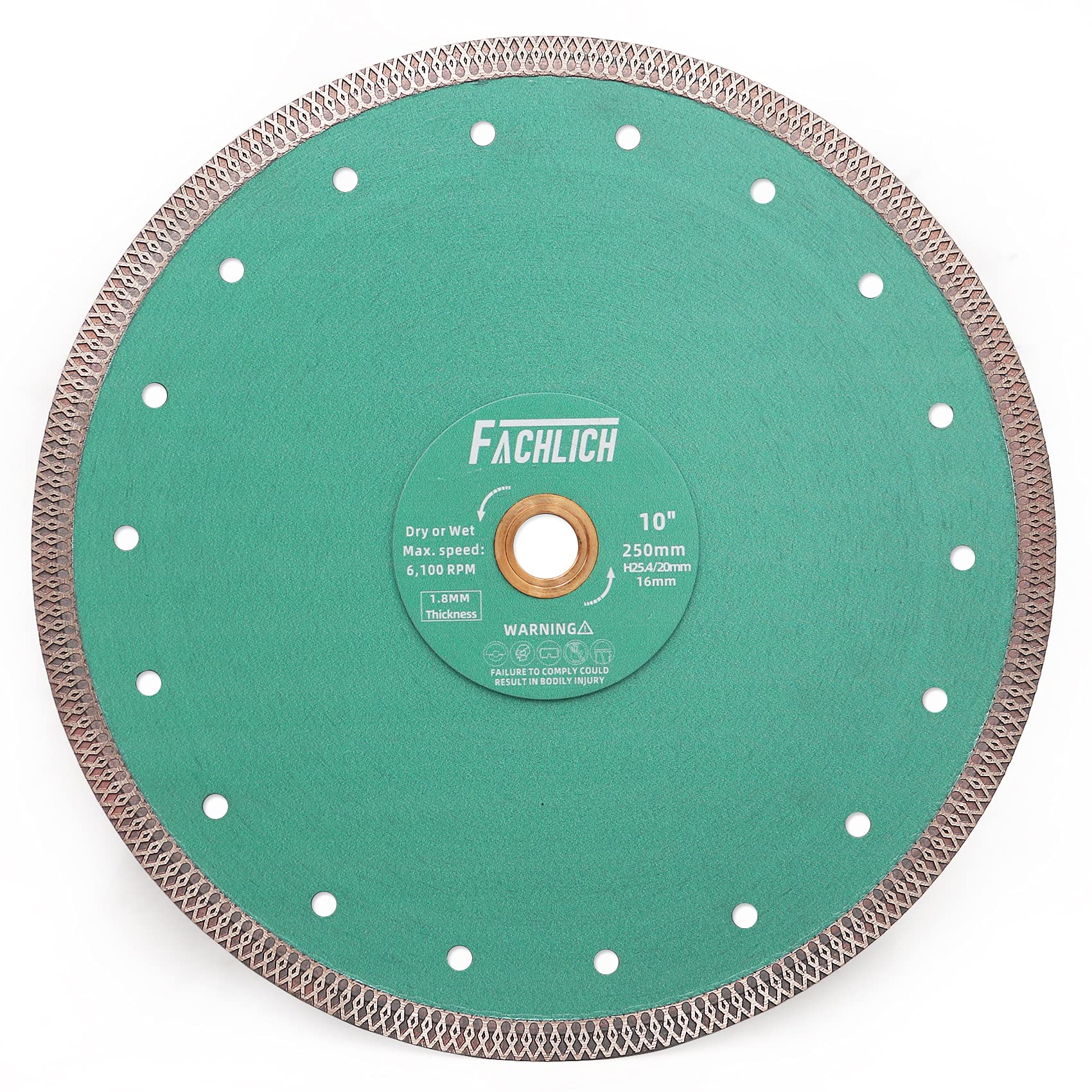 FACHLICH diamond porcelain saw blade 10in close-up for chip-free cuts in ceramic and porcelain tiles.