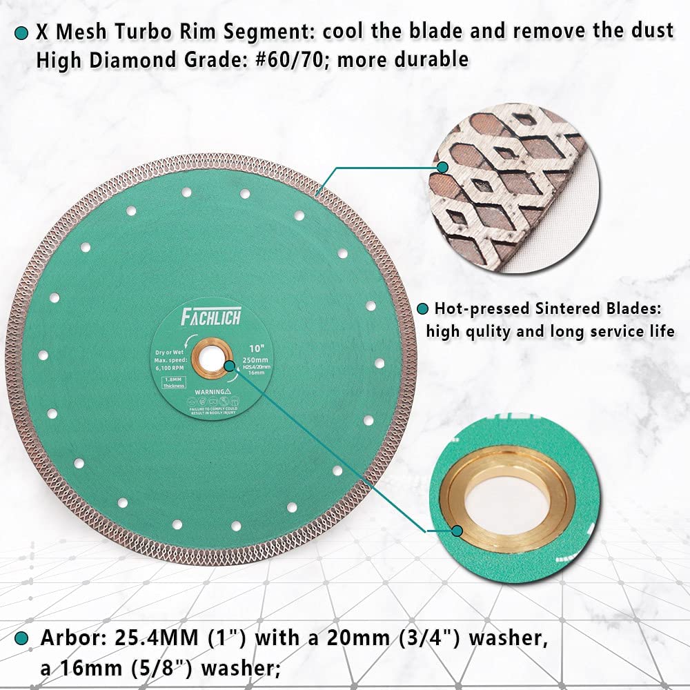 FACHLICH diamond porcelain saw blade segment detail shows very thin segments for chip-free cuts.
