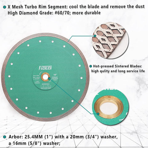 FACHLICH diamond porcelain saw blade segment detail shows very thin segments for chip-free cuts.