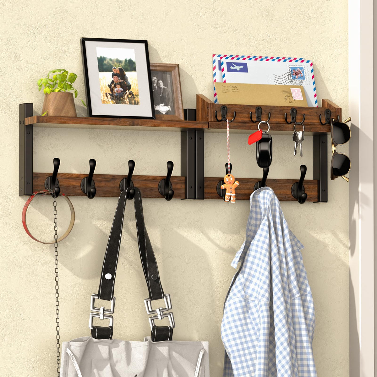 Facilite 29-inch rustic coat rack wall mount with shelf at entry showcasing organized coats