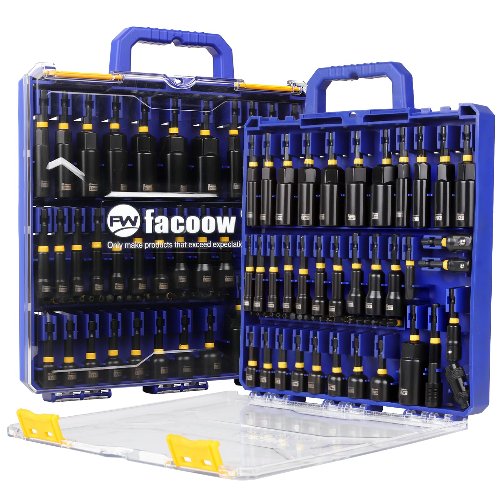 Facoow 55-piece impact nut driver set with magnetic tips for quick installations.