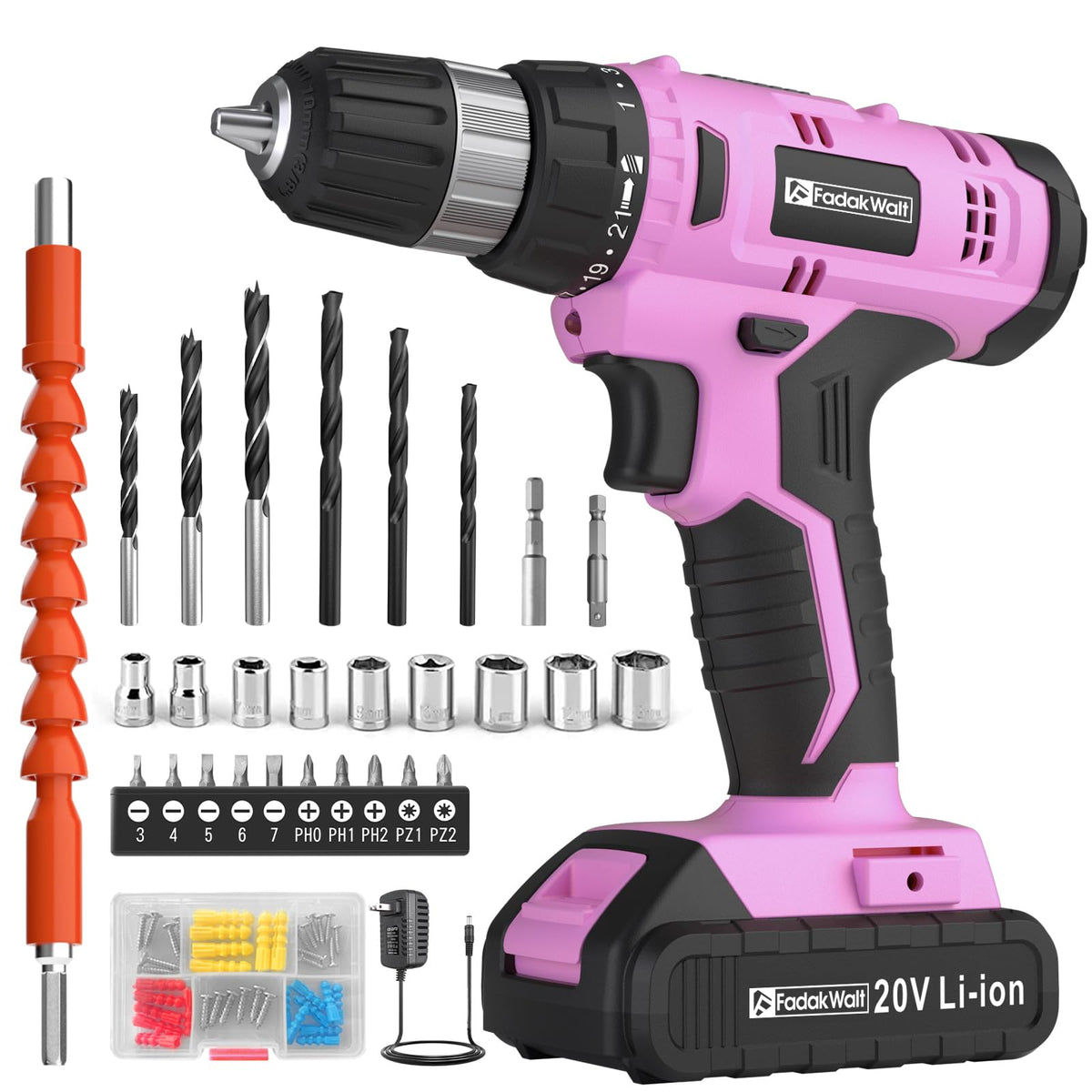 FADAKWALT 20V cordless drill in pink, ideal for quick home repairs.