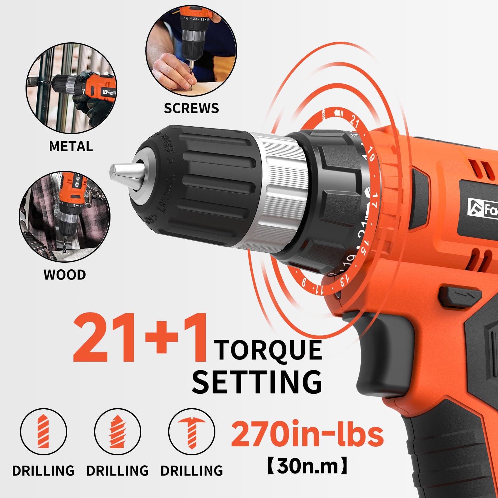 FADAKWALT drill with 21+1 clutch settings for controlled torque and screw protection