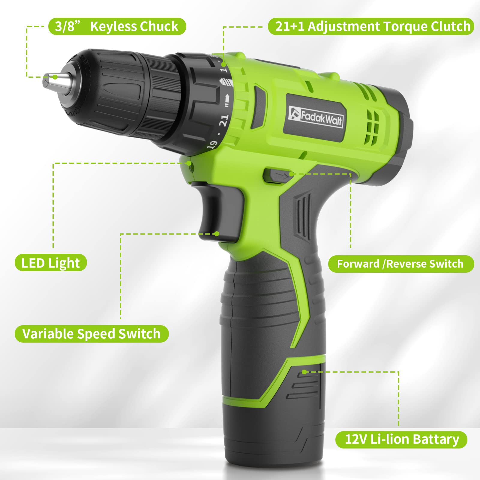 FADAKWALT drill highlights 21+1 torque clutch for precise screw driving