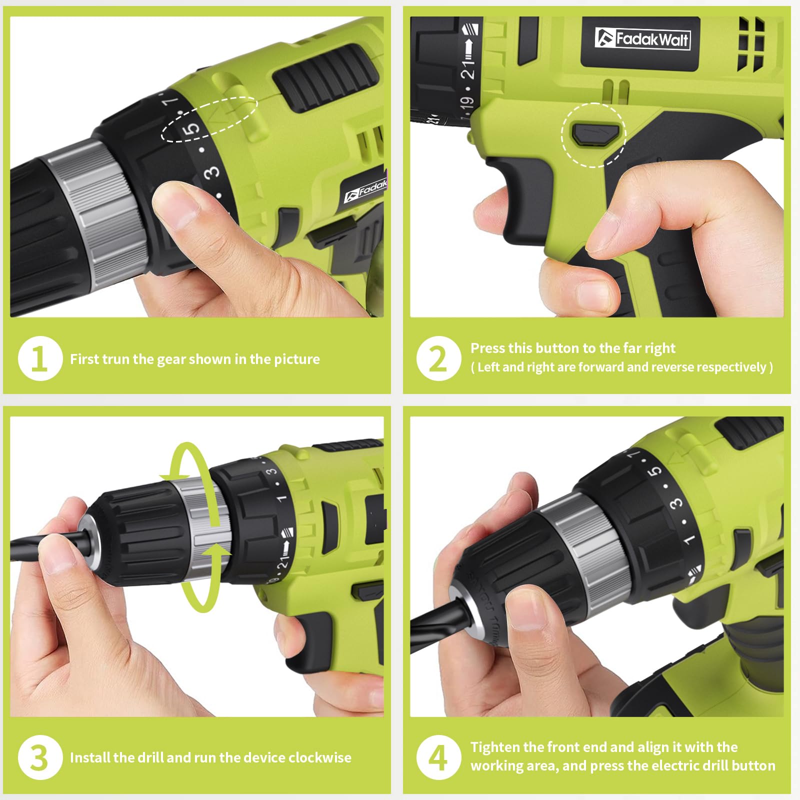 FADAKWALT 3/8 inch keyless chuck enables quick bit changes.