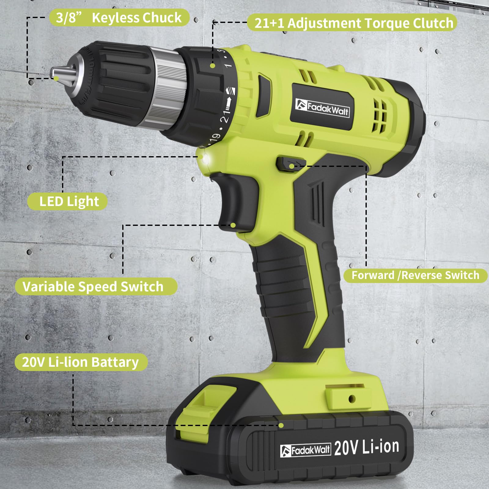 FADAKWALT drill with 21+1 clutch for controlled driving depth.