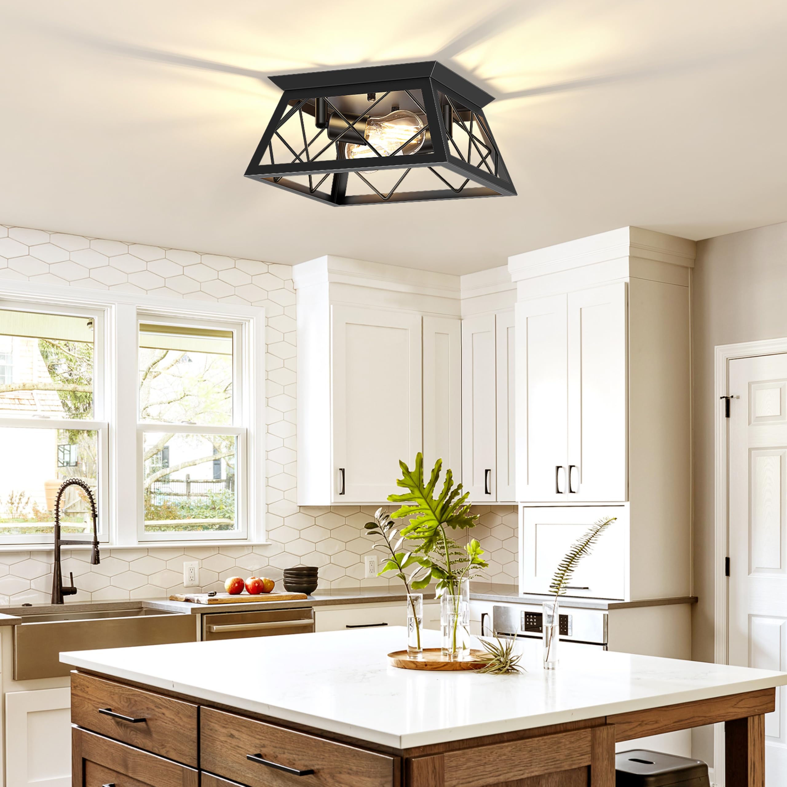 FadimiKoo 2-Light Black Flush Mount with square frame for modern farmhouse style lighting