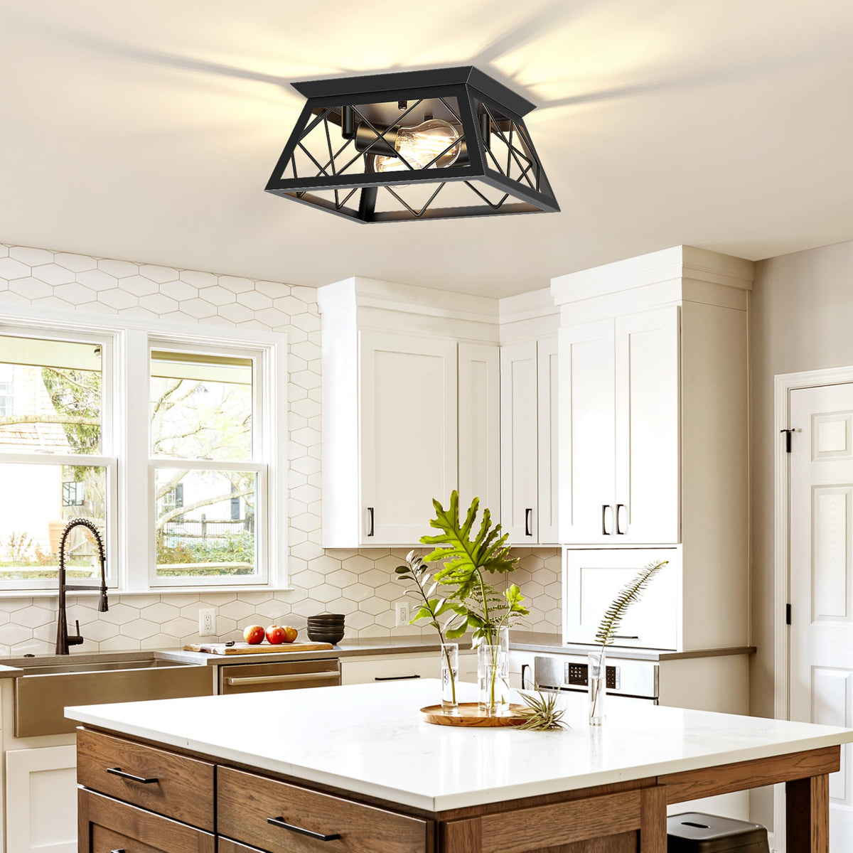 FadimiKoo 2-Light Black Flush Mount with square frame for modern farmhouse style lighting
