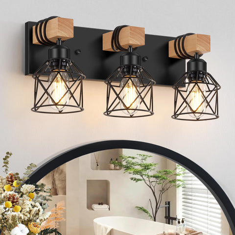 Fadimikoo 3-light farmhouse vanity light above mirror for warm bathroom illumination.