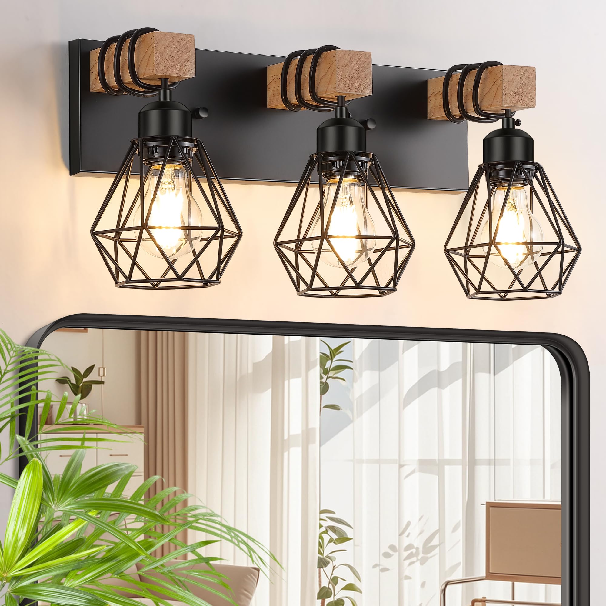 FadimiKoo 3-light vanity with wood base and black cage for rustic bathroom style.