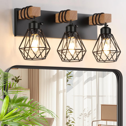 FadimiKoo 3-light vanity with wood base and black cage for rustic bathroom style.