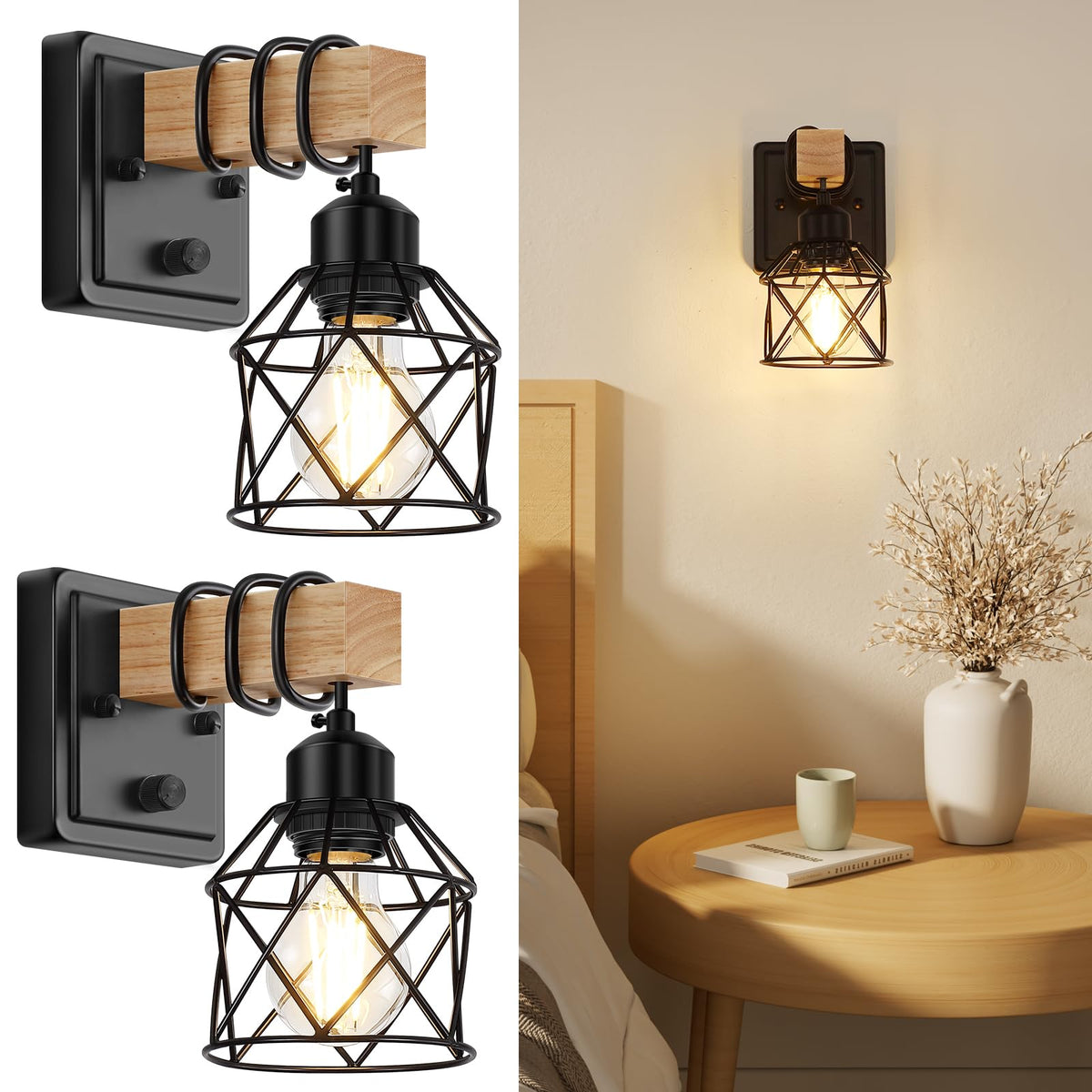 FadimiKoo dimmable wall sconce two-set with cage shade, ideal for cozy ambient lighting.