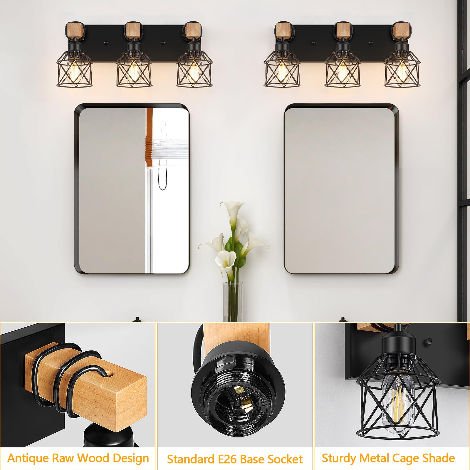 Fadimikoo industrial black cage lampshade adds urban style on a vanity.