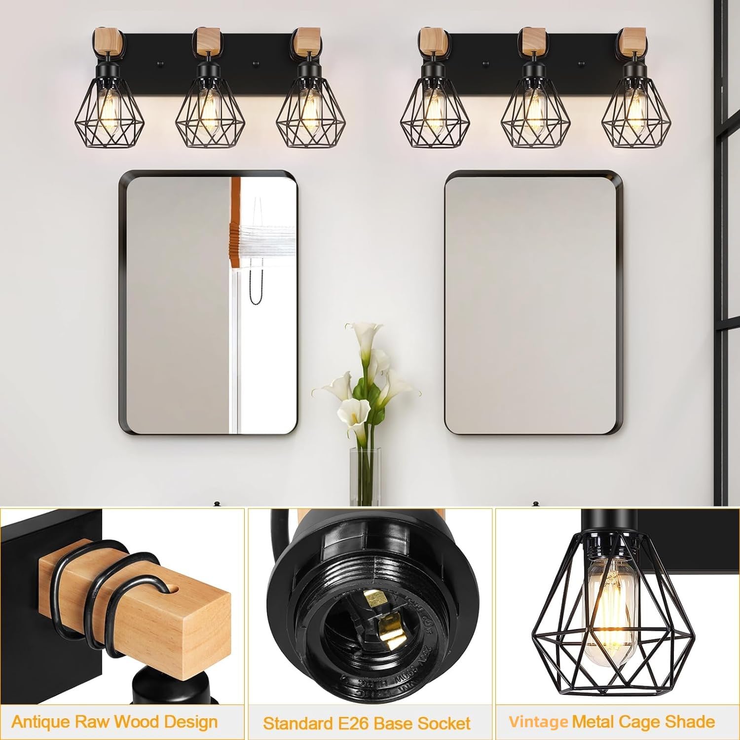 FadimiKoo three-light over-mirror bathroom light with vintage look.