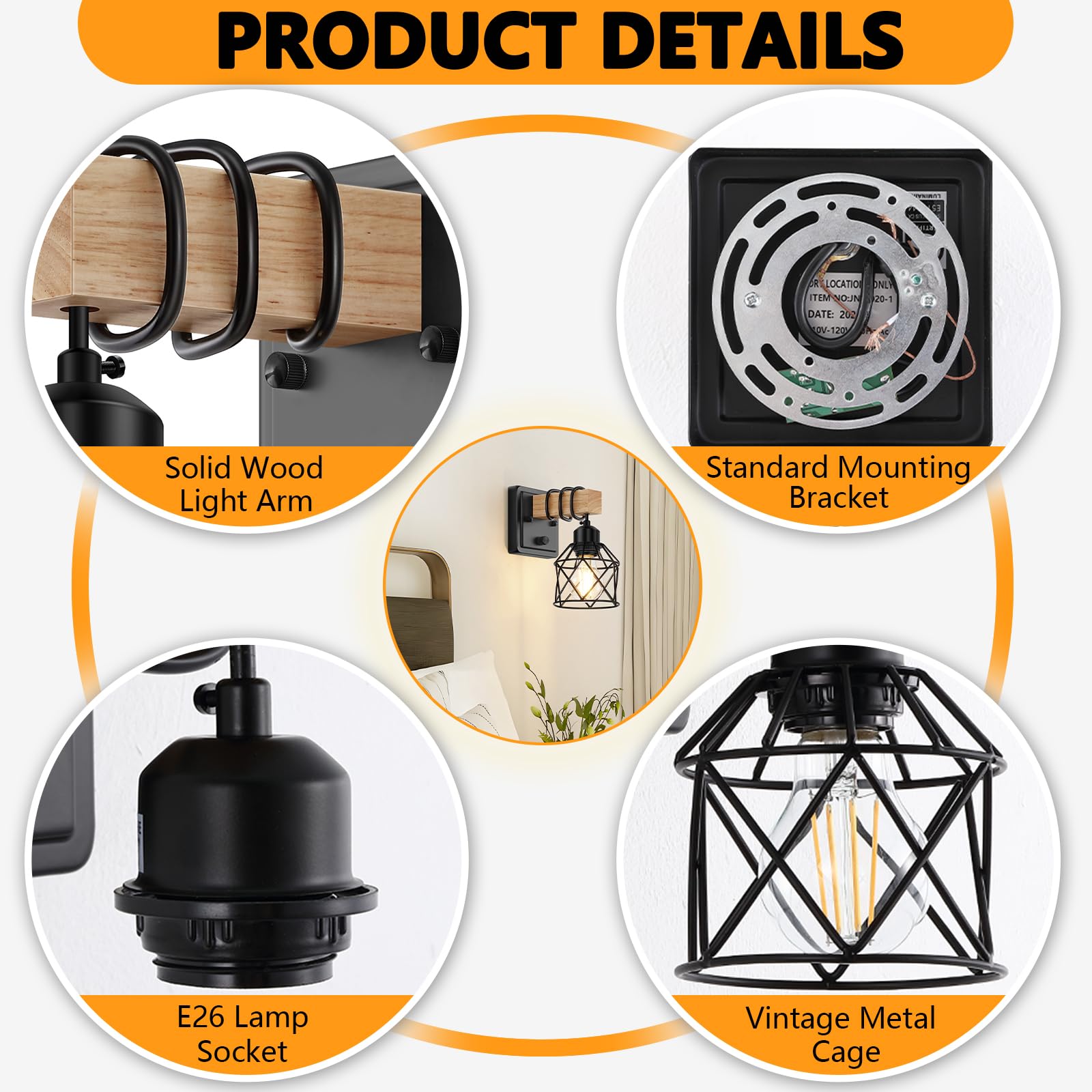 FadimiKoo wall sconce with black farmhouse finish and protective metal cage detail.