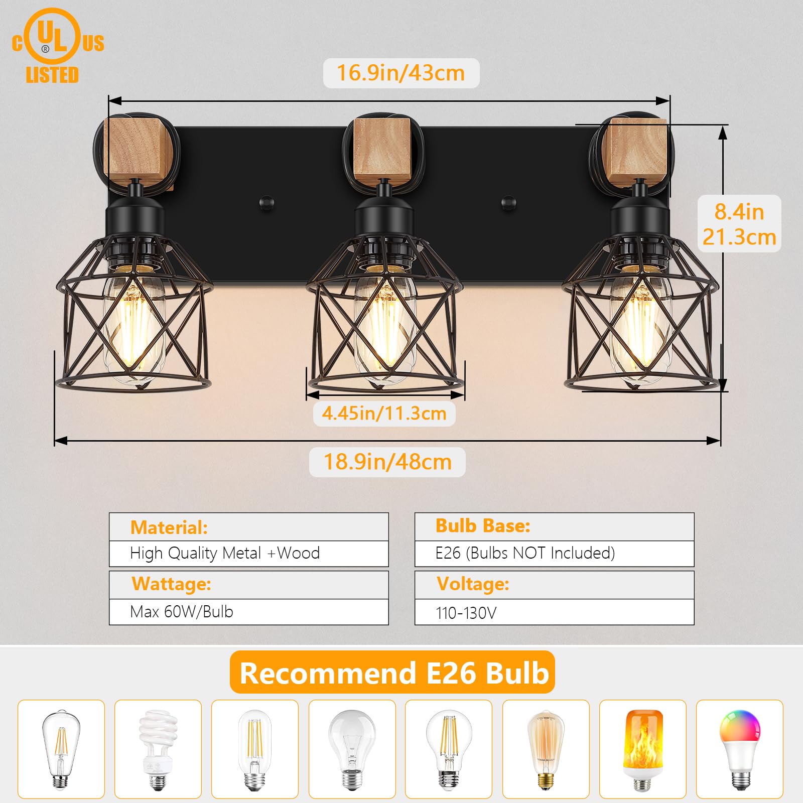 Fadimikoo wood and black cage vanity light enhances rustic bathroom decor over mirror.