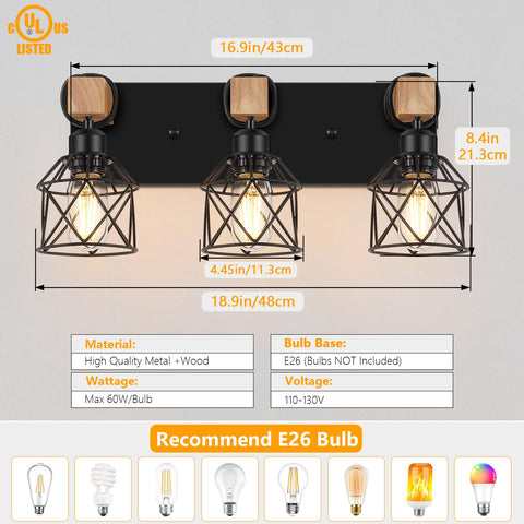 Fadimikoo wood and black cage vanity light enhances rustic bathroom decor over mirror.