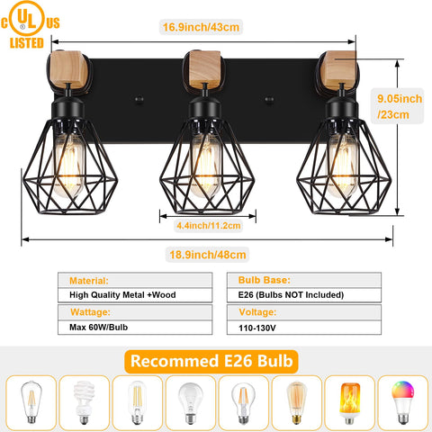 FadimiKoo farmhouse vanity light, three bulbs, provides even mirror illumination.