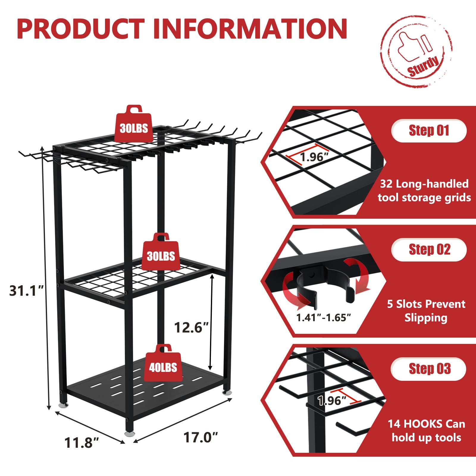 Faesun metal yard tool rack closeup shows 5 adjustable slots for different handles