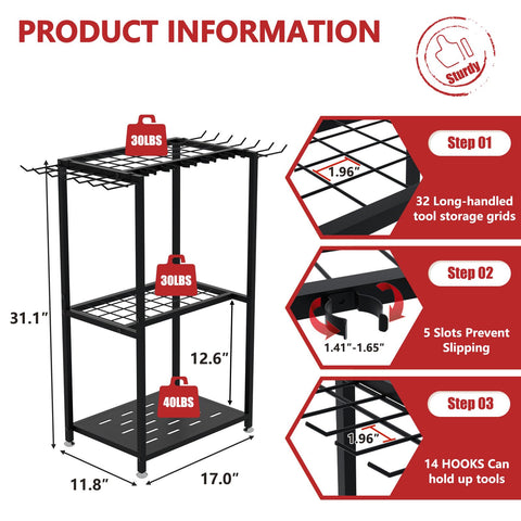 Faesun metal yard tool rack closeup shows 5 adjustable slots for different handles