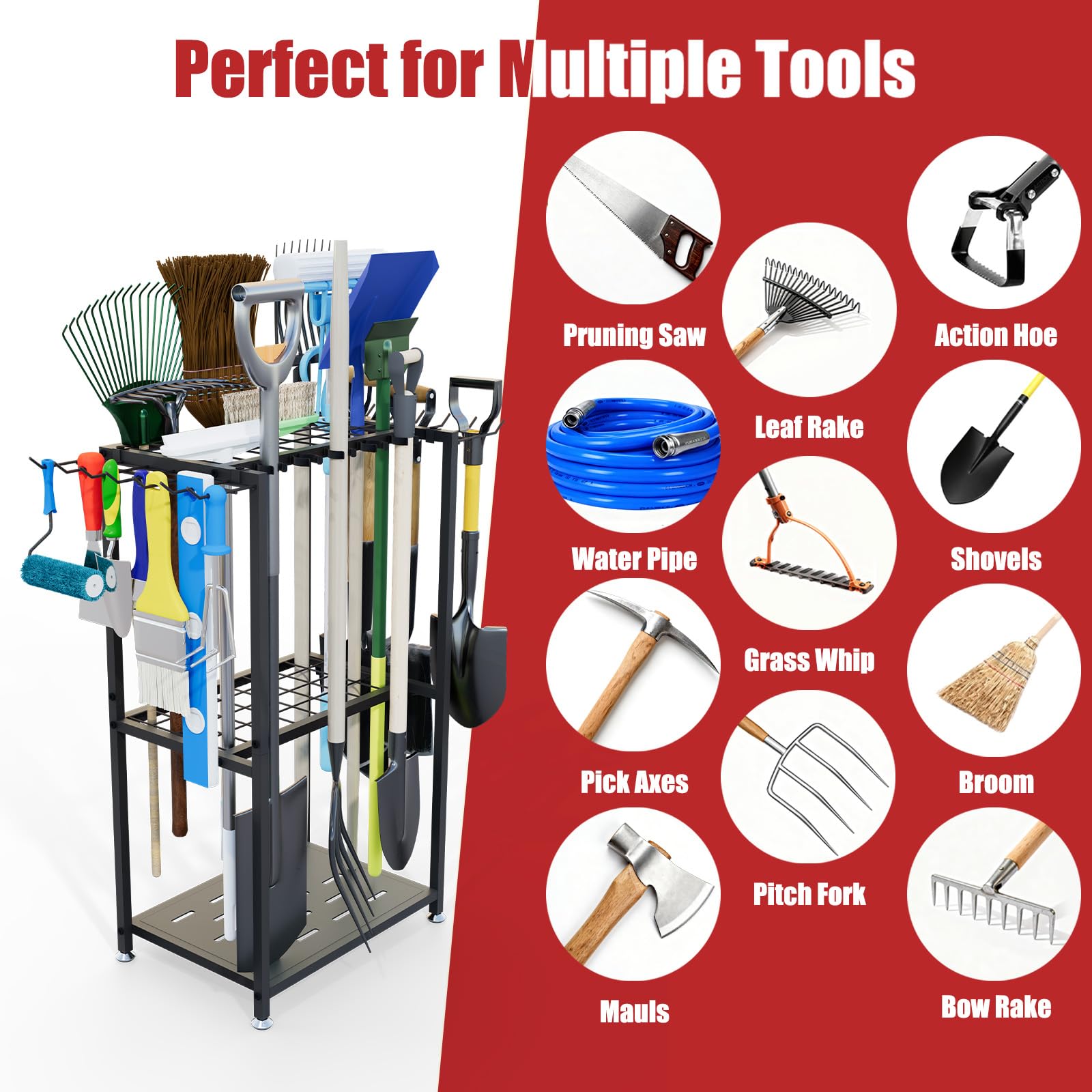 Faesun tool organization in action with broom and rake stored neatly