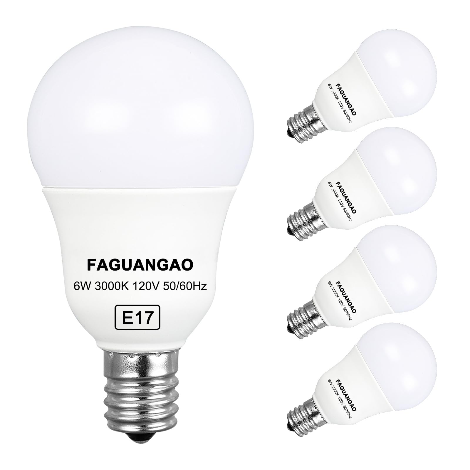 FAGUANGAO E17 LED globe bulb in 3000K warm white for ceiling fans provides 600 lumens.
