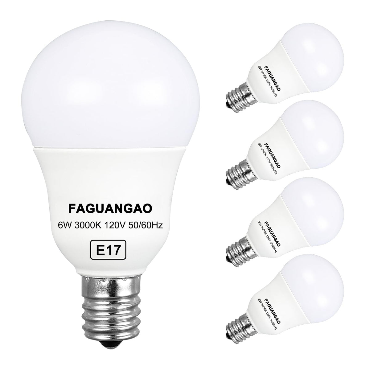 FAGUANGAO E17 LED globe bulb in 3000K warm white for ceiling fans provides 600 lumens.