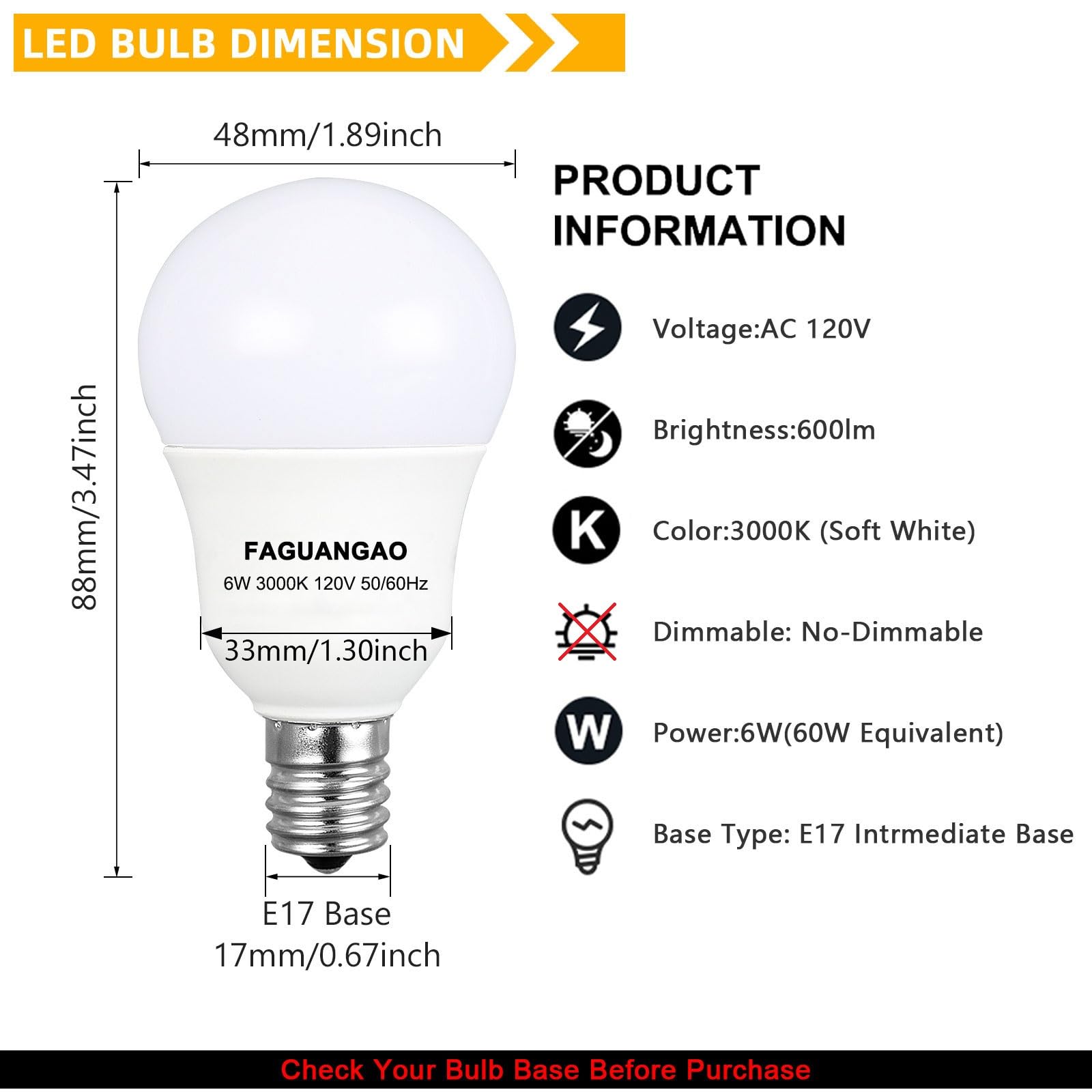 FAGUANGAO E17 LED globe bulb in 3000K warm white enhances chandeliers with 600 lumens.