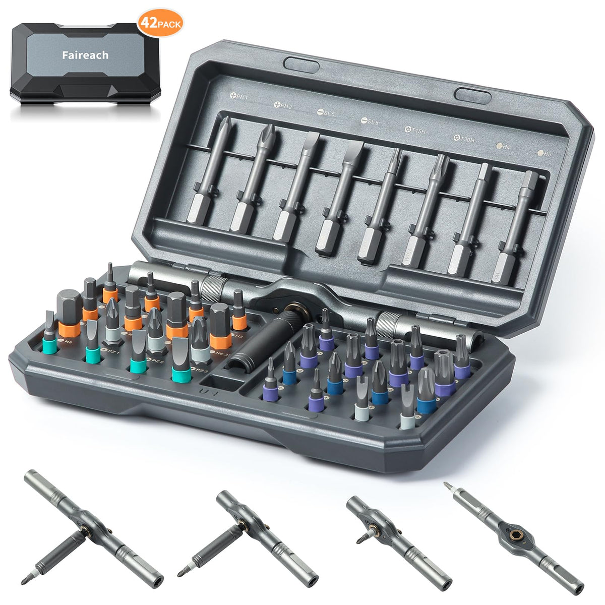 Faireach 42-in-1 magnetic screwdriver set in a compact case for portable home repairs.