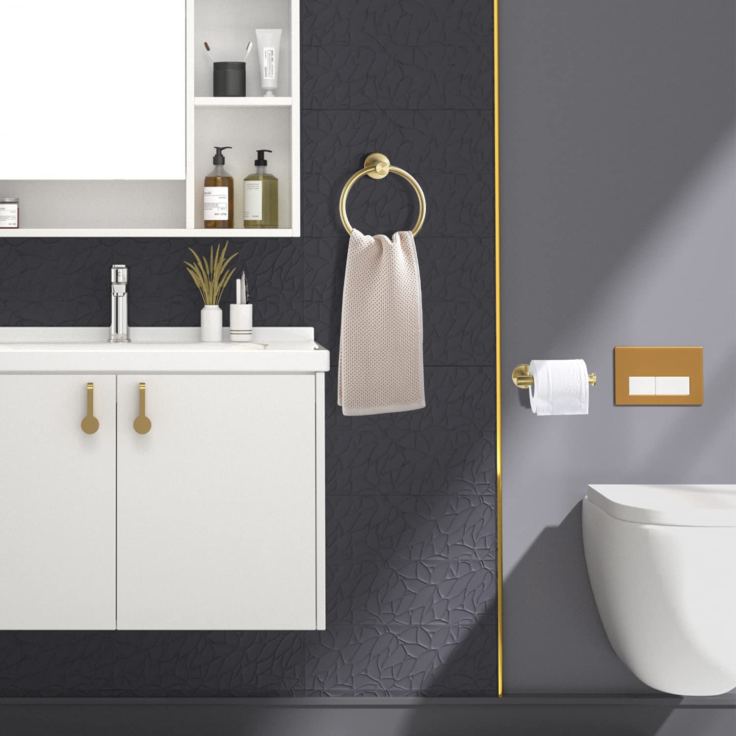 FAIRGIA brushed gold towel ring adds easy access and elegance