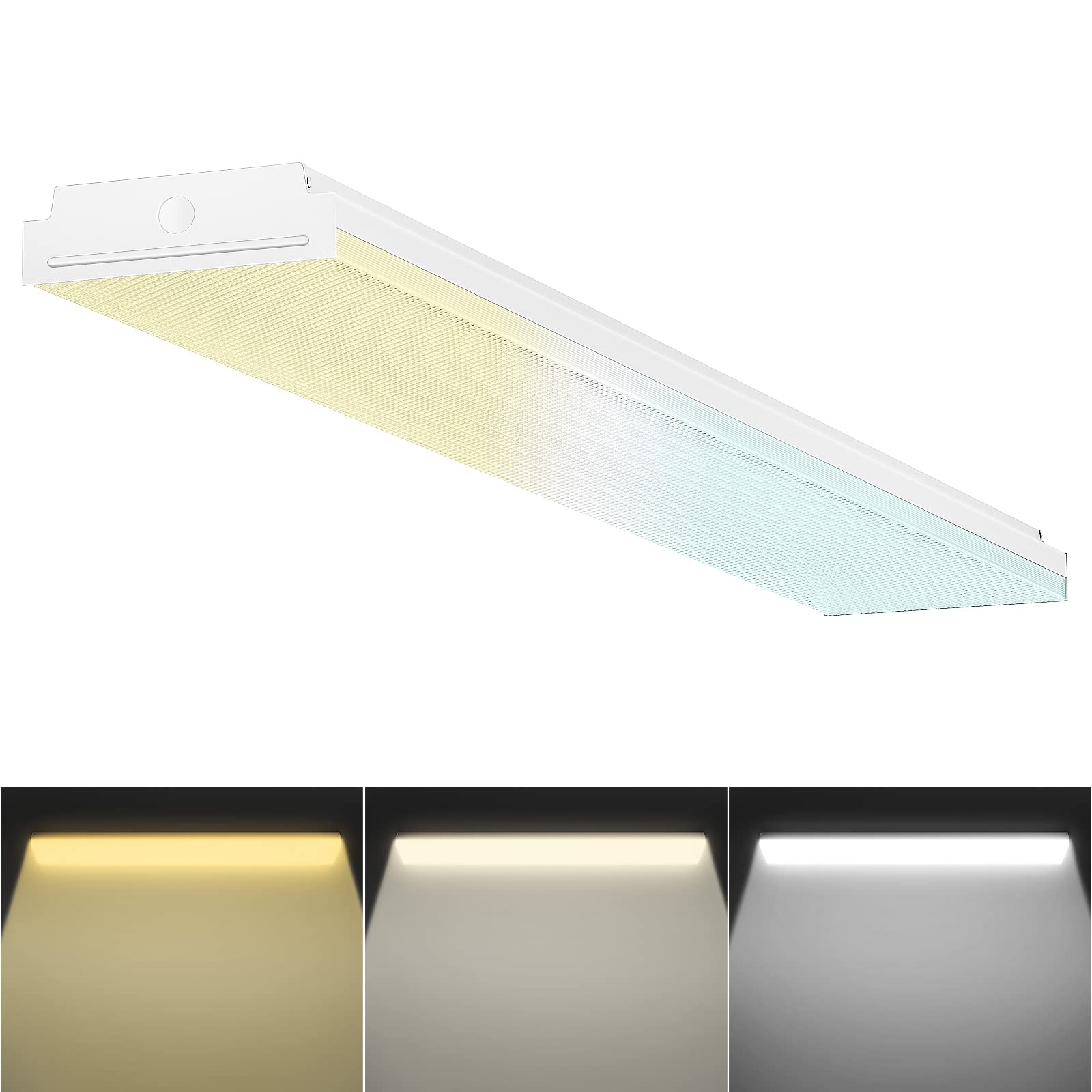 FaithSail dimmable 4ft wraparound front view showing bright, even illumination for garages and workshops