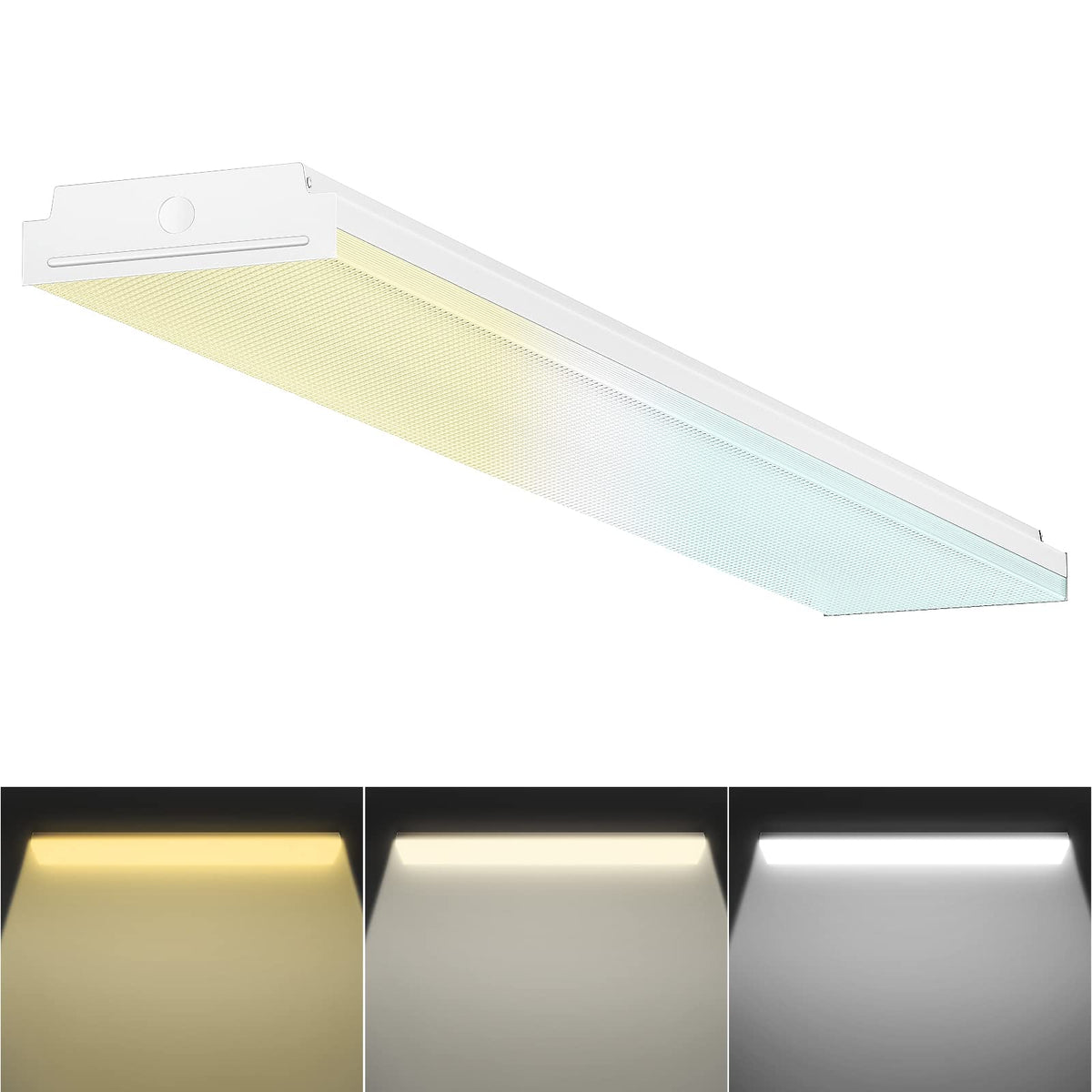 FaithSail dimmable 4ft wraparound front view showing bright, even illumination for garages and workshops