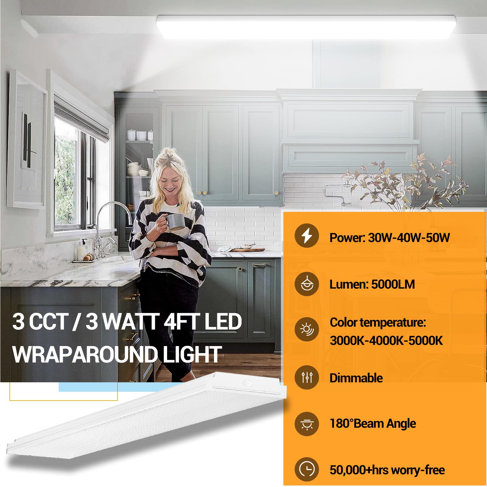 FaithSail dimmable 4ft wraparound side view showing slim profile and ceiling mount