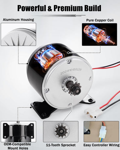 FAITIO aluminum body brushed motor, assembly view, durable design reduces heat.