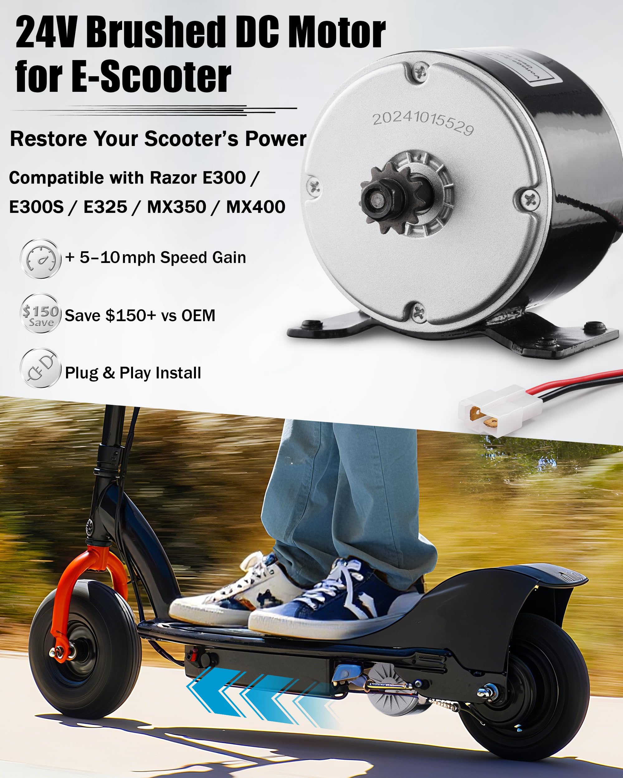 FAITIO Razor MX350/MX400 compatible motor, side view, supports reliable replacement.