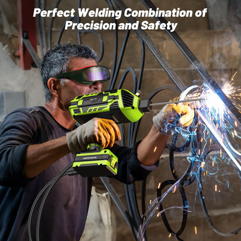 Faiuot auto-darkening goggles provide eye protection during welding.