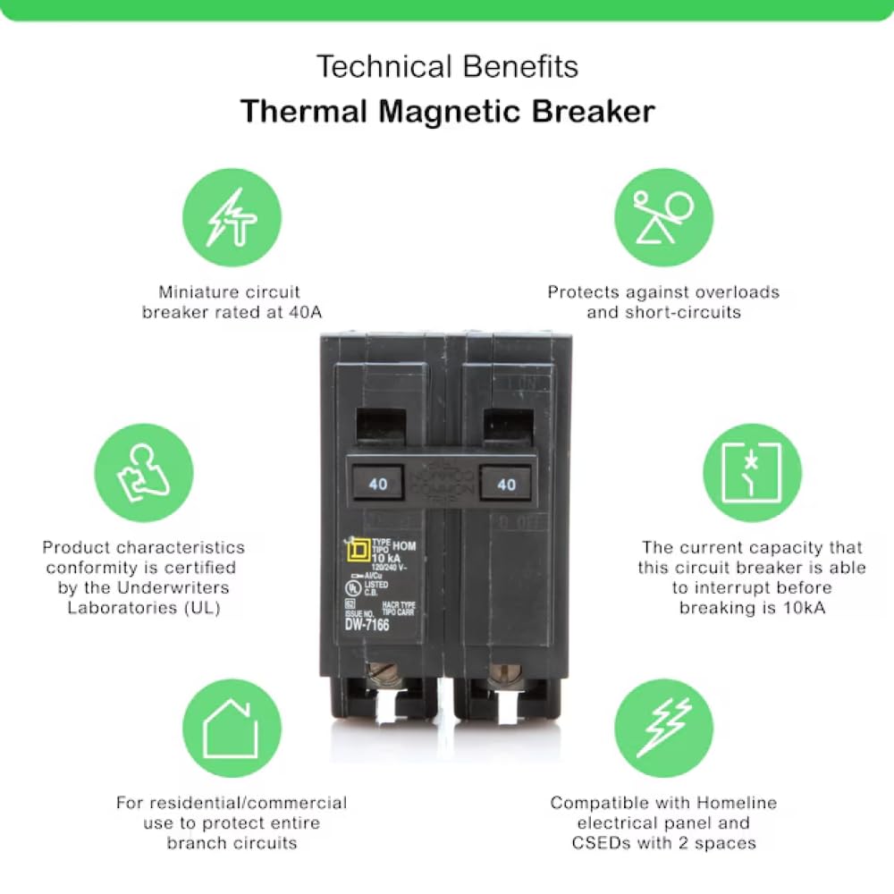 FalconSupply 40A double-pole breaker for 120/240V circuits.