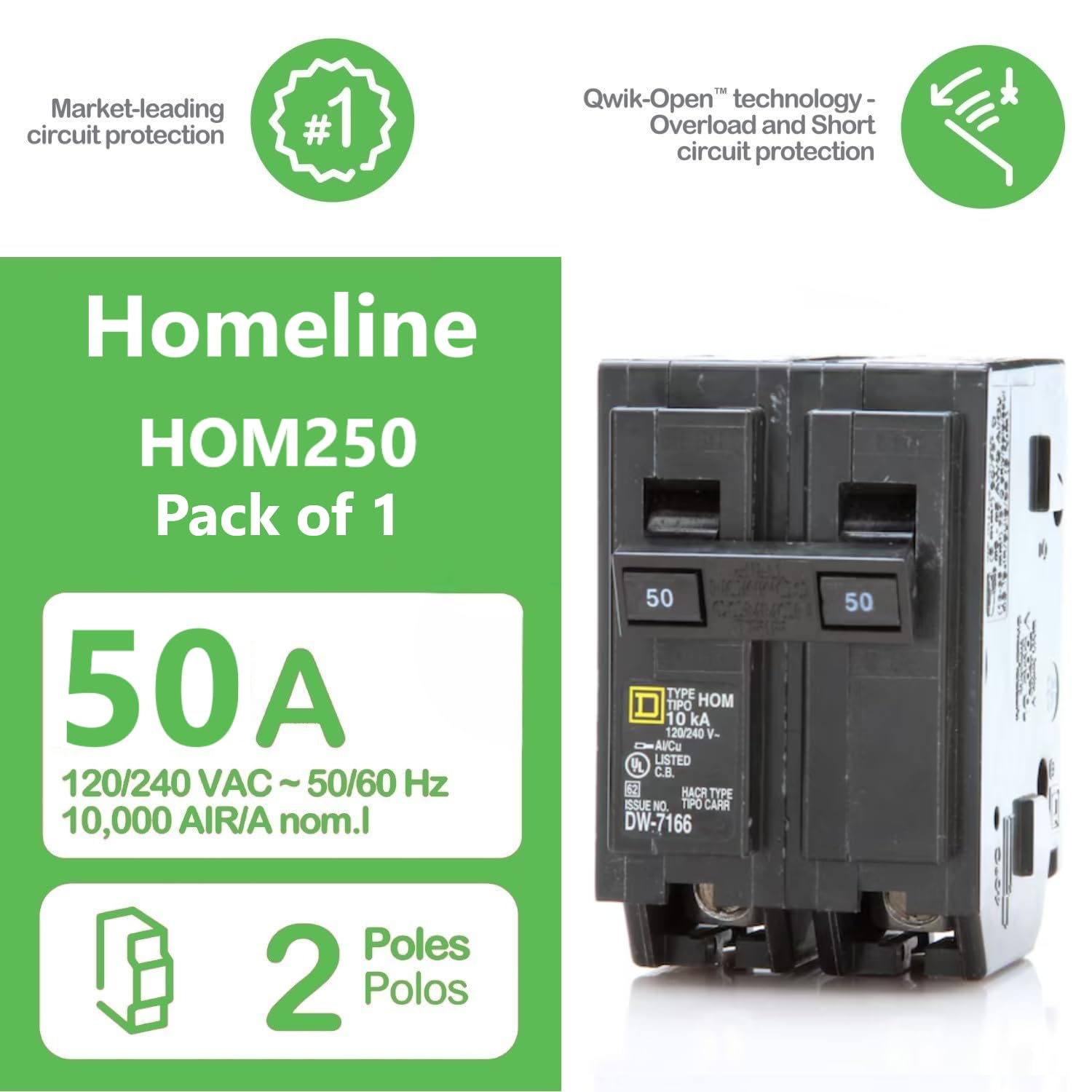 FalconSupply HOM250 50A breaker side view showing compact plug-on fit for Homeline panels.