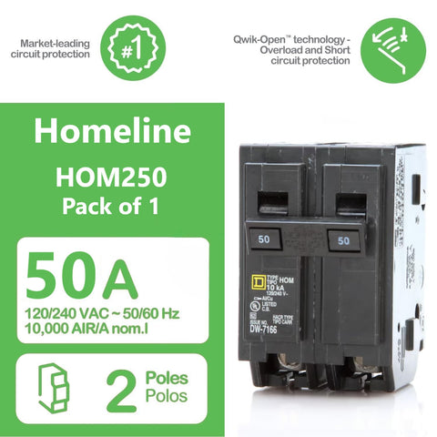 FalconSupply HOM250 50A breaker side view showing compact plug-on fit for Homeline panels.