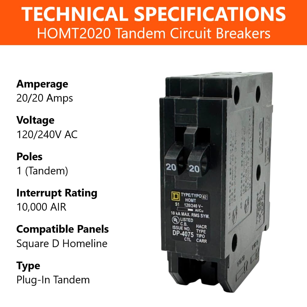 FalconSupply HOMT2020 tandem breaker side detail, dual 20A circuits for expansion.