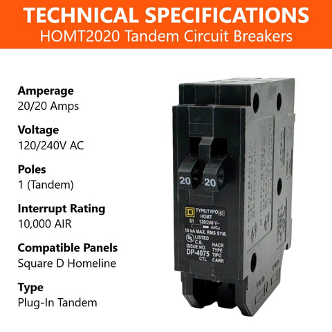 FalconSupply HOMT2020 tandem breaker side detail, dual 20A circuits for expansion.