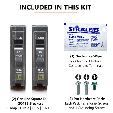 FalconSupply QO115 bundle contents - two breakers plus installation accessories.