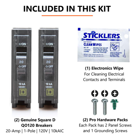 FalconSupply QO120 contents include breakers, screws, and cleaning wipe.