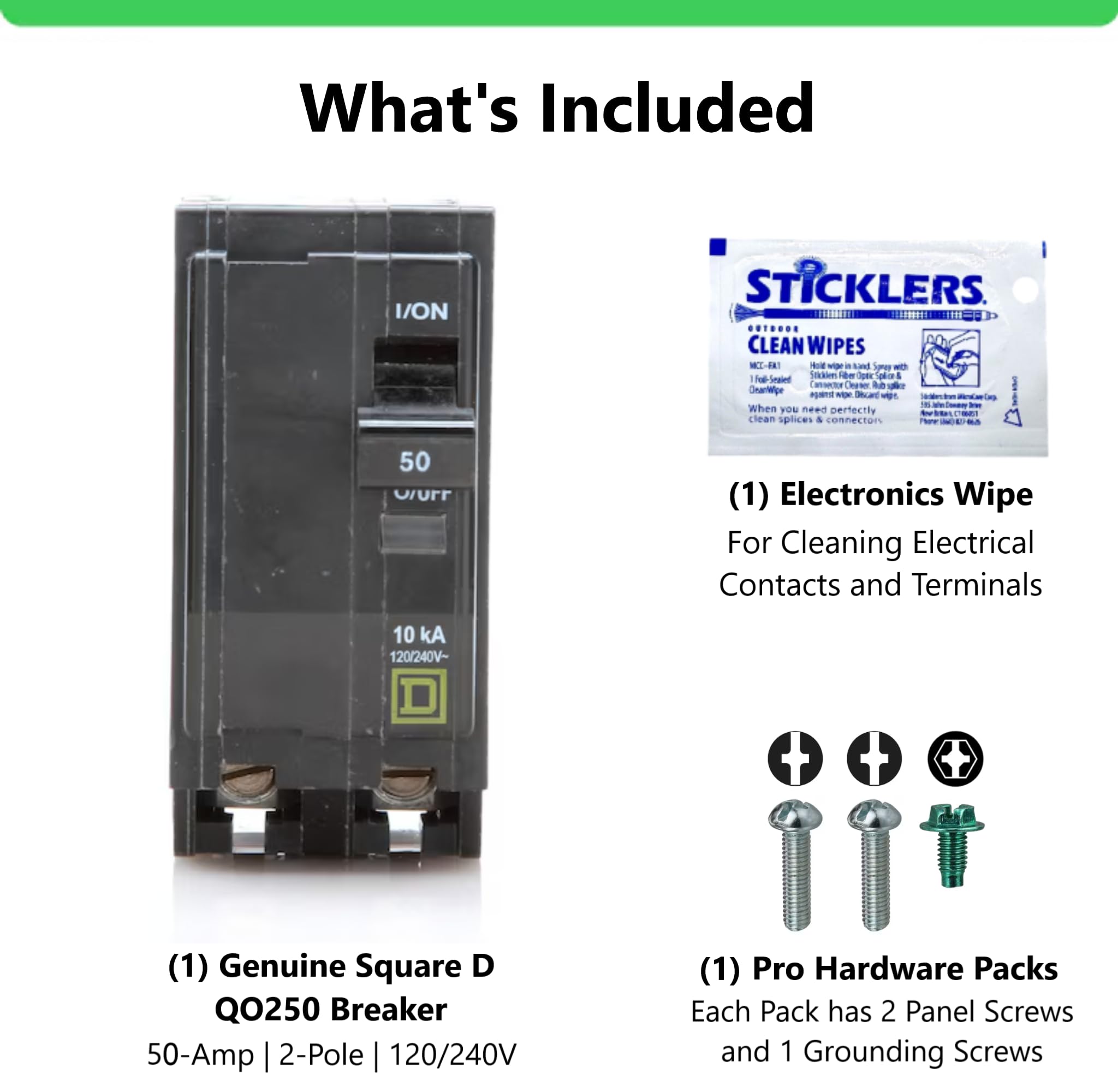 Installation kit contents displayed: breaker, wipe, screws, grounding screw.