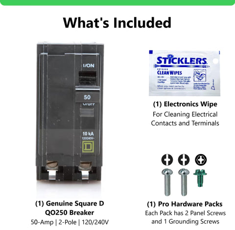 Installation kit contents displayed: breaker, wipe, screws, grounding screw.
