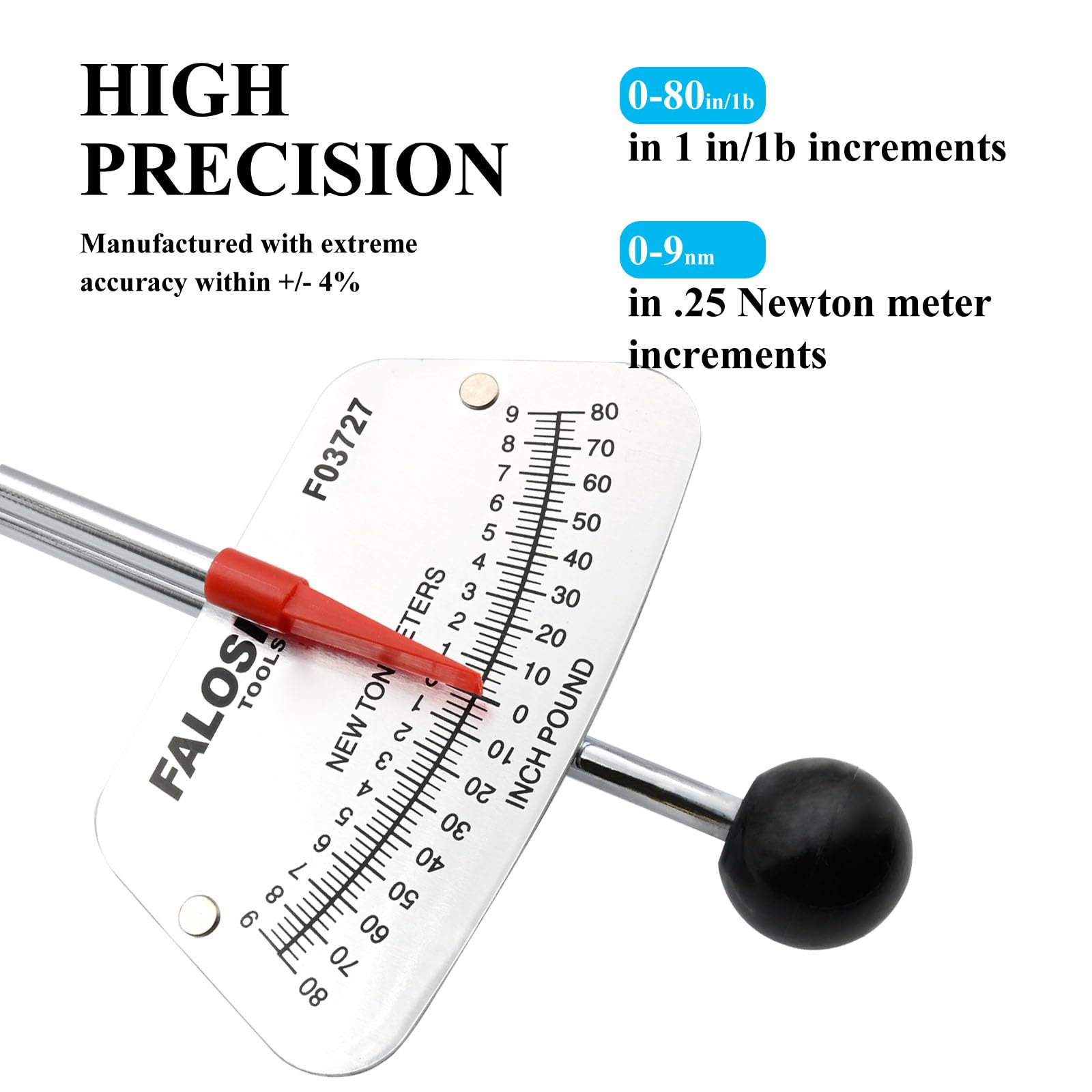 FALOSI torque wrench shows dual SAE and metric readings for quick checks.