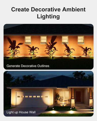 FALOVE spotlight accents yard figures like snowmen and Santa with gentle glow